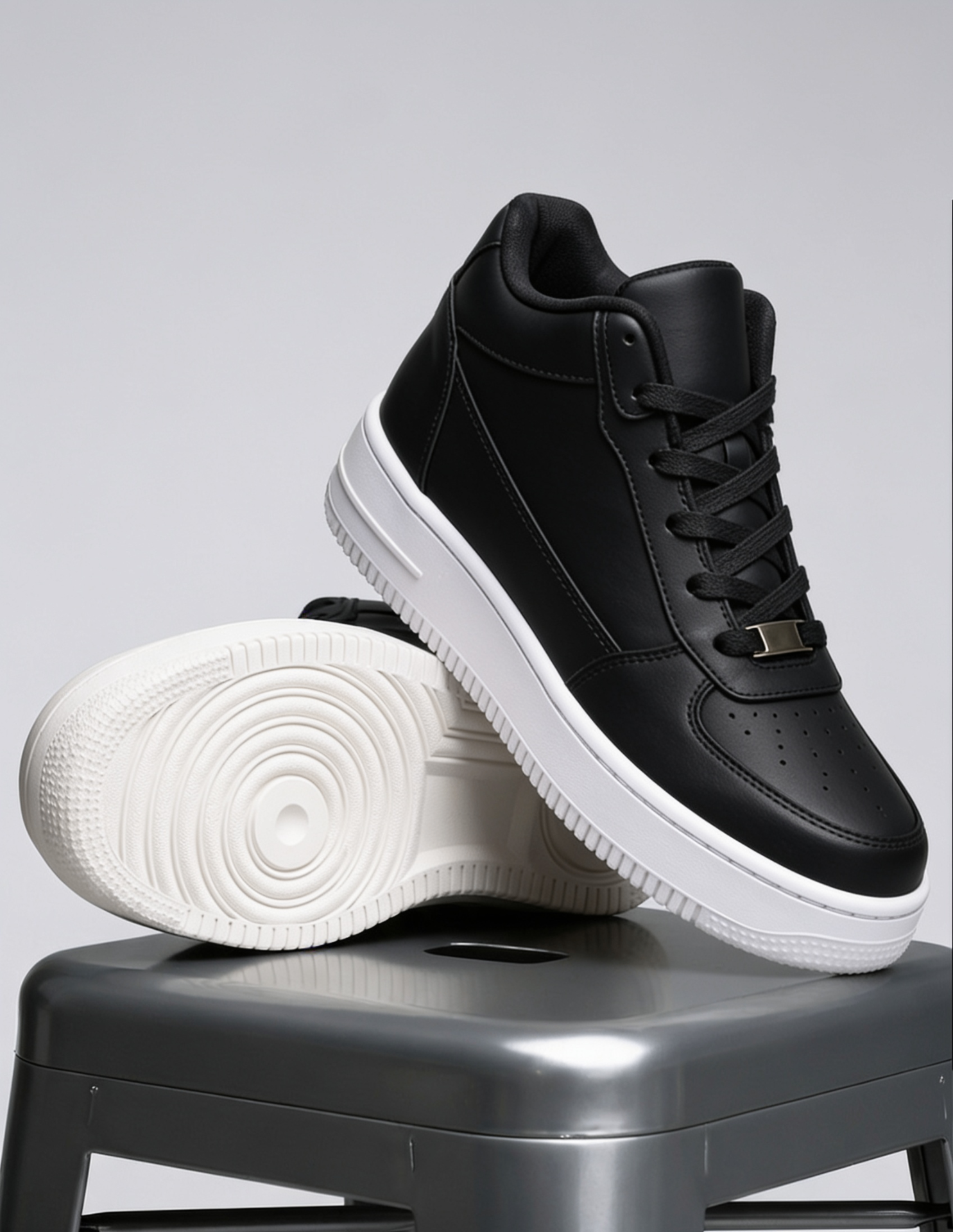 Tenis ALTEVØ negro con suela blanca, vista editorial de estudio